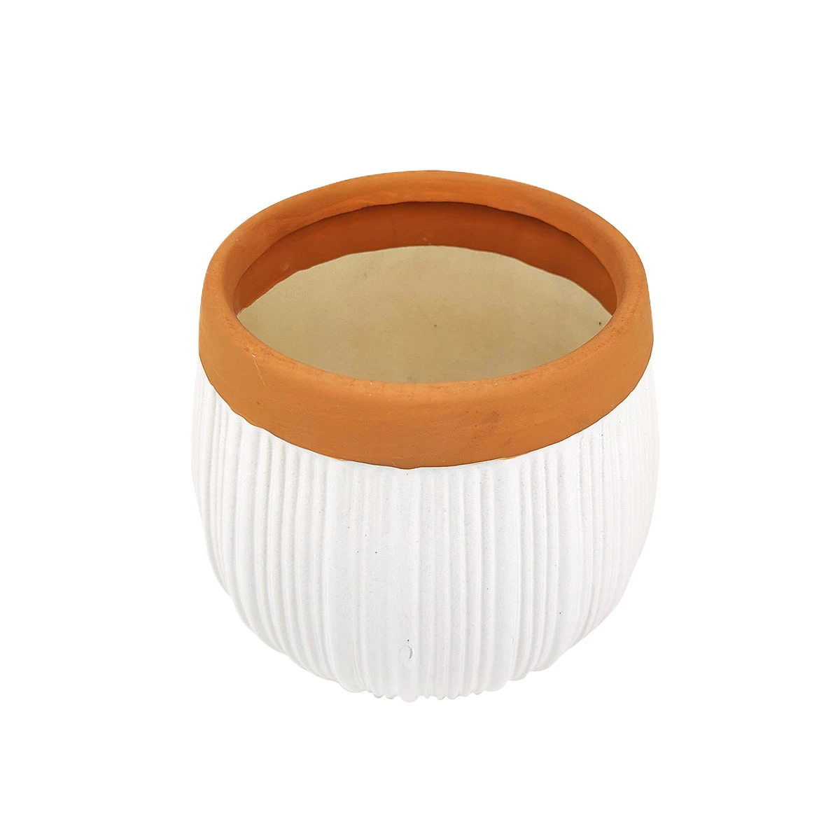 6 Inch White Glazed Striped Ceramic Planter With Terracotta Rim - Image 3