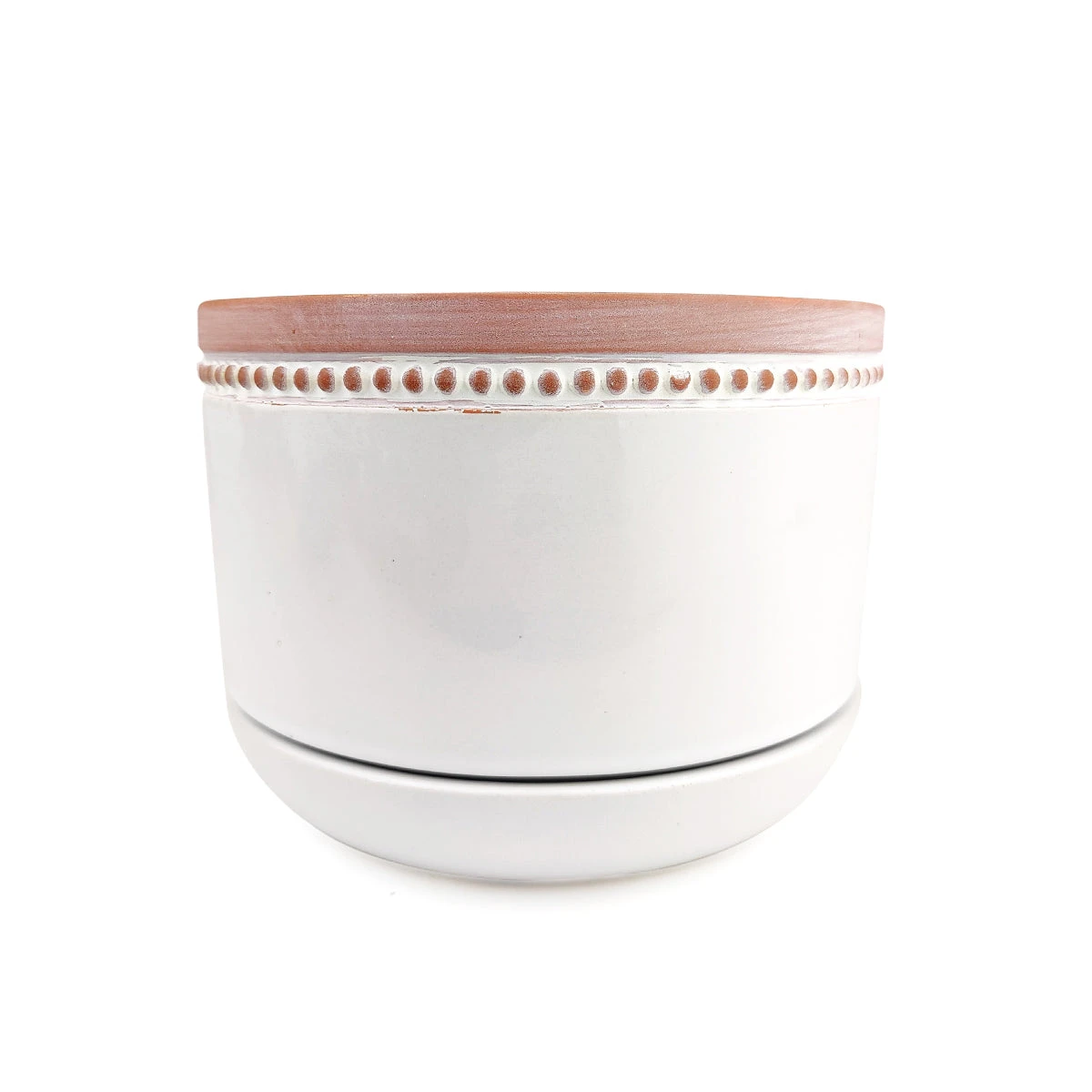 6 Inch White Ceramic Bowl Planter With Coral Rim - Image 2