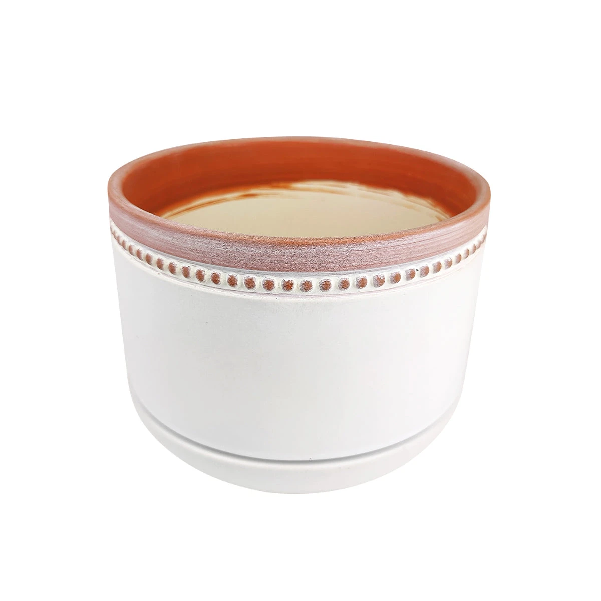6 Inch White Ceramic Bowl Planter With Coral Rim - Image 3